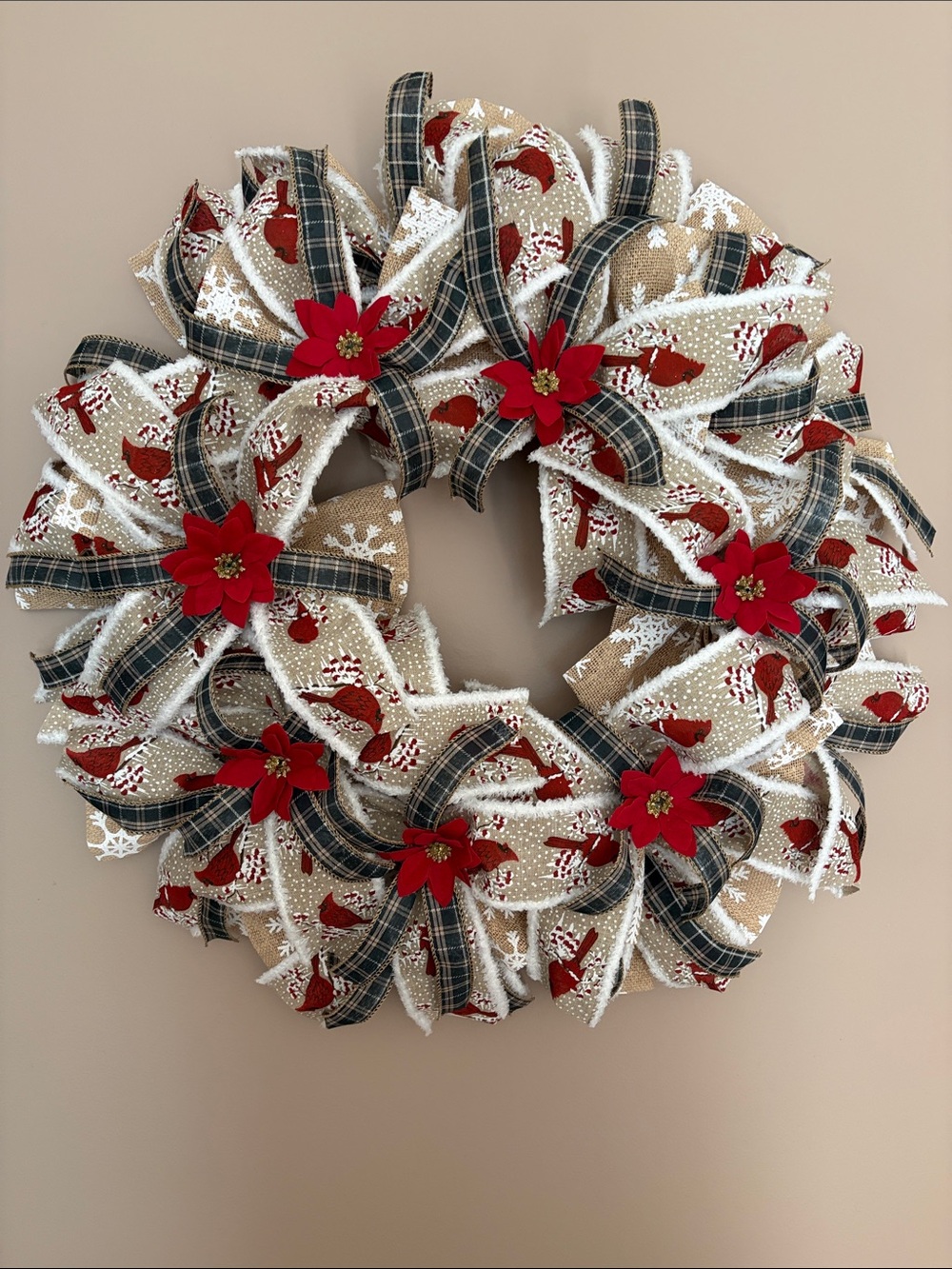 Burlap Holiday Wreath with Red Poinsettias and Plaid Ribbon